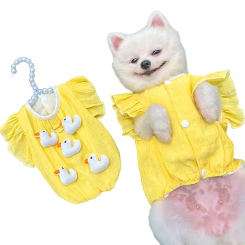 CELONROMF Enten-Hunde-Shirt, Katzenkleidung, gelbes Acryl-Haustier-Top mit 3D-Enten und D-Ring-Leinenbefestigung, Druckknopf, für Welpen, Kätzchen, Hemden für kleine Rassen, Gelb, Größe L von CELONROMF