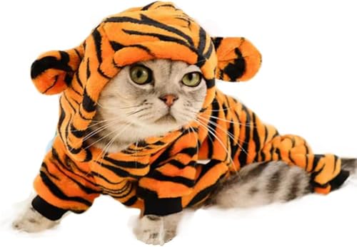 CELONROMF Haustierkostüm-Kollektion, Dinosaurier-Tiger-Bienenmuster, Kapuzenoutfits, warme Winterkleidung, Polyester, kleine Hunde und Katzen, Halloween, Weihnachten, Cosplay (klein, Tiger) von CELONROMF