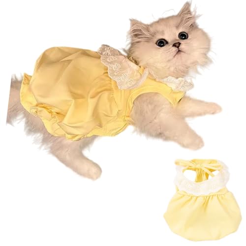 CELONROMF Niedliches Spitzenkleid für Katzen und kleine Hunde, Sommer, Frühling, Haustierkleidung, atmungsaktiv, für Welpen, Kätzchen, Ragdoll, Yorkie, Malteser (Gelb und Rosa, S-XL) (Gelb, M) von CELONROMF
