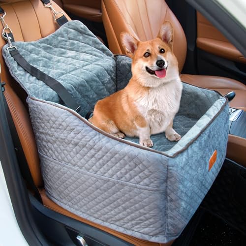 CEMOFE Erhöhter Hunde-Autositz für kleine Hunde, Hundeerhöhung für Hunde unter 11,3 kg, Haustier-Autositz mit dickem, weichem Memory-Schaum und Aufbewahrungstaschen (grau) von CEMOFE