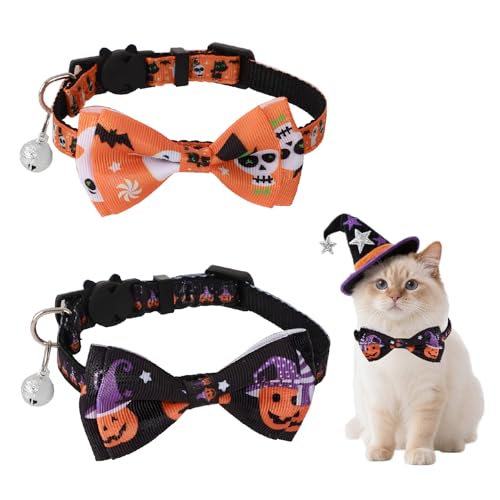 2er Set CENCERY Halloween-Katzenhalsband: Fledermauskrawatte, Glocke, 18-30cm verstellbar, Ausbruchsicheres Sicherheitsmodell, Orange Schwarz (Katzen/Kätzchen/Welpen), Schnellverschluss von CENCERY