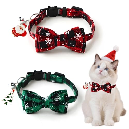 CENCERY 2er-Pack Weihnachtskatzenhalsband mit Schleife und Glocke, Verstellbar 18-30cm, Ausbruchssicheres Breakaway-Halsband - Rot Grün für Kätzchen, Welpen, Katzen | Schnelles Öffnen CENCERY 2er-Pack Weihnachtskatzenhalsband mit Schleife und Glocke, Verstellbar 18-30cm, Ausbruchssicheres Breakaway-Halsband - Rot Grün für Kätzchen, Welpen, Katzen | Schnelles Öffnen von CENCERY