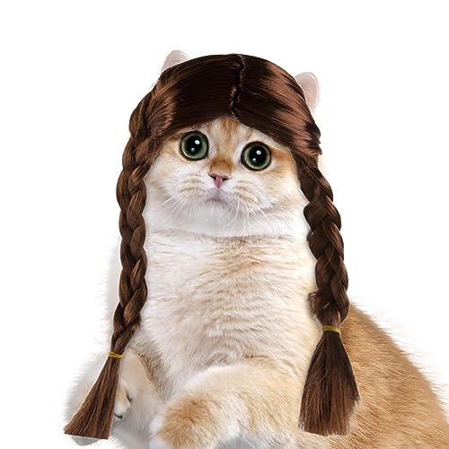 CENRF Hunde-Cosplay-Perücke, doppelte lange geflochtene braune Katze, Haustier-Cosplay für Halloween, Partys, Festivals, Hunde-Kunsthaare für kleine, mittelgroße und große Hunde von CENRF