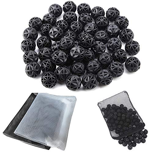 CESFONJER 90 Stücke Bio Filterbälle Filtermedium BalanceBalls Bio Poröse Filter Biochemische Ball |Durchmesser von 18 mm, reduziert Anzahl Wasserwechsel, 2 Stücke Aquarium Filtertüten 15x20CM von CESFONJER