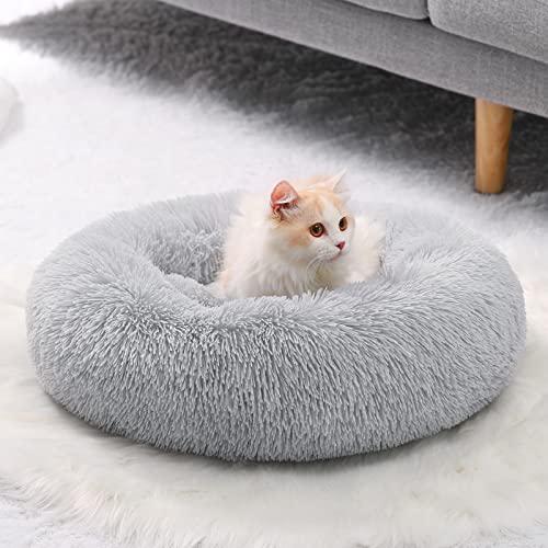 CEVICOLZE Kleines Katzenbett für Hauskatzen, selbstwärmendes Donut-Kittybett für kleine Katzen, hält warm, waschbares Haustierbett mit rutschfester Unterseite, 50,8 cm, Hellgrau von CEVICOLZE
