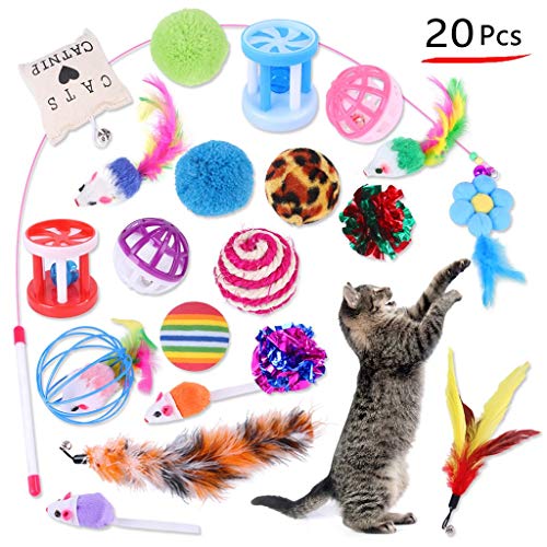 CEWIFO Lustiges Katzenspielzeug-Set – interaktives Teaser-Set mit Plüsch-Puppen & federbelassenen Bällen, ideal für spielerische Jagd-Übungen (Multicolor) von CEWIFO