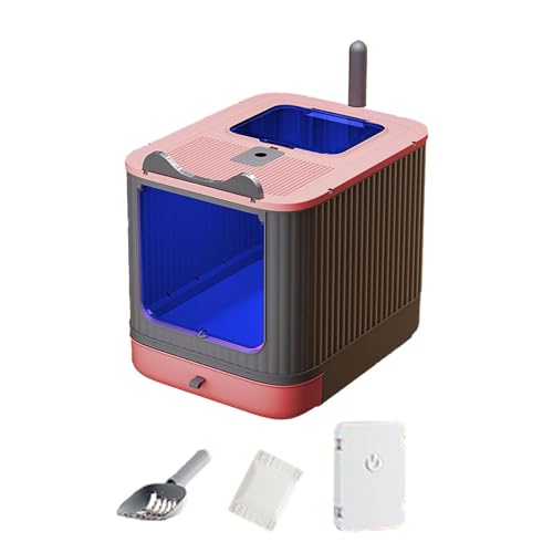 Geschlossene UV-Desinfektions-Katzentoilette – große Faltbare Toilette mit Dachfenster, abnehmbarem Tablett & Schaufel, mit Deckel (Pink) von CEWIFO