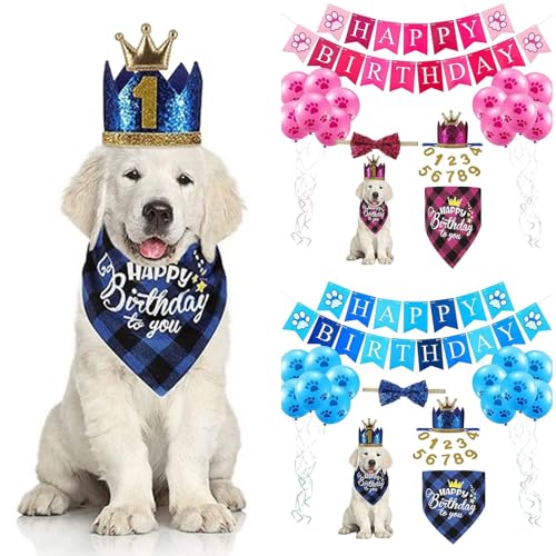 Hunde-Geburtstag-Set: Bandana, Mütze & Deko – passend für Party-Accessoires, Geschenke & Foto-Optik, ideal für kleine bis große Hunde (Blue) von CEWIFO