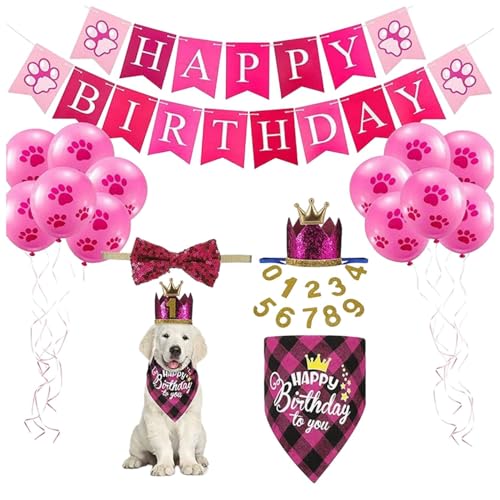 Hunde-Geburtstag-Set: Bandana, Mütze & Deko – passend für Party-Accessoires, Geschenke & Foto-Optik, ideal für kleine bis große Hunde (Hot Pink) von CEWIFO