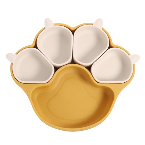 Multifunktionale Silikonschüssel-Set – Kinderschüssel & Haustierschüssel (Katzen- und Hundeschüssel) mit Saugnapf, Katzen-Form Silikonteller & Katzenpad, sicher für Kinder & Haustiere (Gelb) von CEWIFO