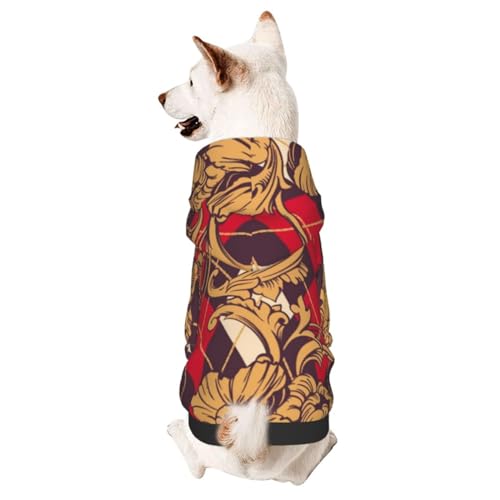 Hunde-Kapuzenpullover mit goldenen Blumen und Argyle-Muster und barockem Ornament, Winter-Hundepullover, Haustier-Sweatshirt von CFAN