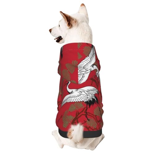Hunde-Kapuzenpullover mit japanischem Kranichmuster und Vogel- und Zedernblättern, warmer Kapuzenpullover für kleine und mittelgroße Hunde von CFAN