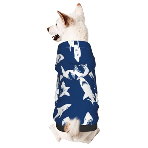 Hundepullover mit Kapuze für kleine Hunde, Motiv: weiße Haie auf blauem Hintergrund, für kleine Hunde von CFAN