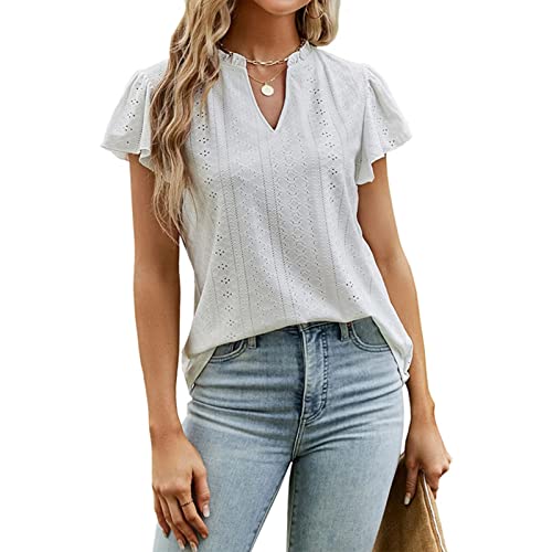 Frauen Hemd Rüsche Kurze Ärmel Rüsche T V Hals Pure Color Frauen Hemd Top für SP Sommer L Kurzarm Shirtruffle Kurzschleize Can Can Easy Short Cely Short (M) von CFTGIW