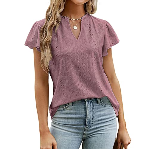 Frauen Hemd Rüsche Kurze Ärmel Rüsche T V Hals Pure Color Frauen Hemd Top für SP Sommer L Kurzarm Shirtruffle Kurzschleize Can Can Easy Short Cely Short (S) von CFTGIW