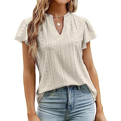 Frauen Hemd Rüsche Kurze Ärmel Rüsche T V Hals Pure Color Frauen Hemd Top für SP Sommer L Kurzarm Shirtruffle Kurzschleize Can Can Easy Short Cely Short (XL) von CFTGIW