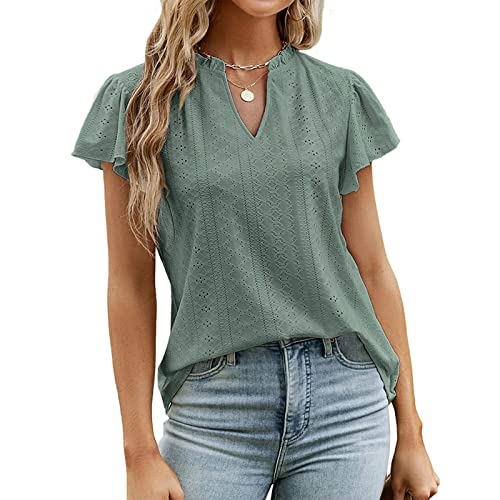 Frauen Hemd Rüsche Kurze Ärmel Rüsche T V Hals Pure Color Frauen Hemd Top für SP Sommer L Kurzarm Shirtruffle Kurzschleize Can Can Easy Short Cely Short (XXL) von CFTGIW