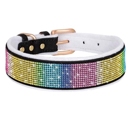 CFZSALK Bling Strass Hundehalsband Breites, weich gepolstertes Halsband Bequeme Wildleder-Kristallhalskette for kleine und große Hunde(Rainbow,32-42cm) von CFZSALK