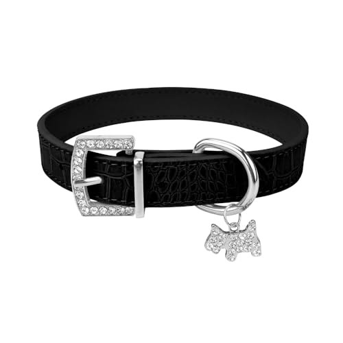 Hundehalsband, gepolstertes Haustierhalsband aus PU-Leder mit Welpenanhänger und Strassschnalle for kleine, mittelgroße und große Hunde und Katzen(2,S 1.5x37cm) von CFZSALK