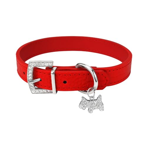 Hundehalsband, gepolstertes Haustierhalsband aus PU-Leder mit Welpenanhänger und Strassschnalle for kleine, mittelgroße und große Hunde und Katzen breites hundehalsband(1,M 2.0x42cm) von CFZSALK