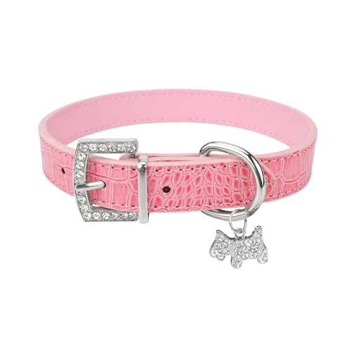 Hundehalsband, gepolstertes Haustierhalsband aus PU-Leder mit Welpenanhänger und Strassschnalle for kleine, mittelgroße und große Hunde und Katzen breites hundehalsband(7,L 2.5x51cm) von CFZSALK