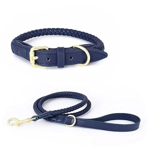 Hundehalsband aus gewebtem PU-Leder mit Handhalterung, robust und langlebig, geeignet for kleine und mittelgroße Hunde(Blue Suit,L-Neck 39-46cm) von CFZSALK