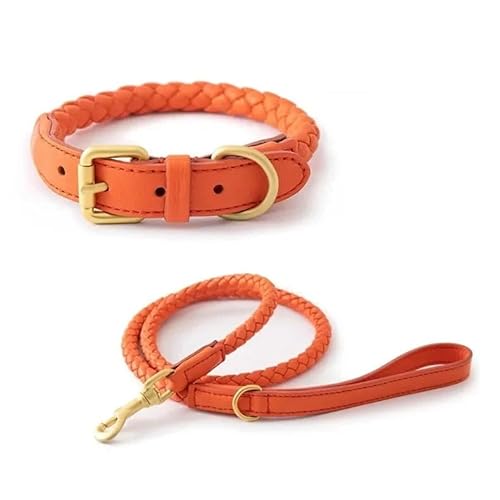 Hundehalsband aus gewebtem PU-Leder mit Handhalterung, robust und langlebig, geeignet for kleine und mittelgroße Hunde(Orange Suit,S-Neck 26-32cm) von CFZSALK