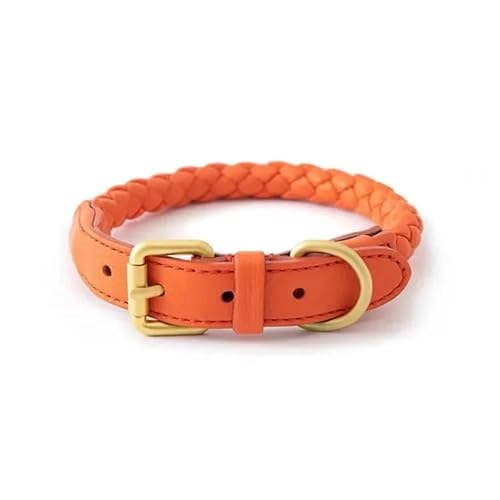 Hundehalsband aus gewebtem PU-Leder mit Handhalterung, robust und langlebig, geeignet for kleine und mittelgroße Hunde breites hundehalsband(Orange-Collar,M-Neck 31-36cm) von CFZSALK
