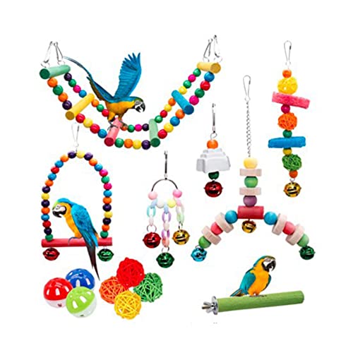 ＣＨＡＭＥＥＮ 14 Stück Vogelspielzeug Papageienschaukel hölzerne hängende Glocke hölzerne Leiter Hängematte Vogelkäfig Zubehör von ＣＨＡＭＥＥＮ