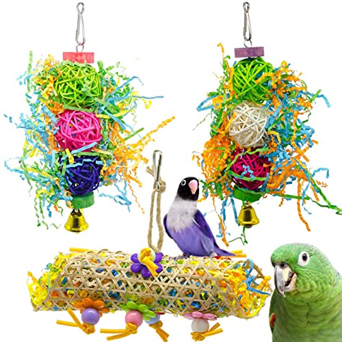 ＣＨＡＭＥＥＮ 3 Stück Vogel Spielzeug Set Käfig Zubehör Papagei Kauspielzeug Stroh Ball Glocke Papier Vogel Wobble von ＣＨＡＭＥＥＮ