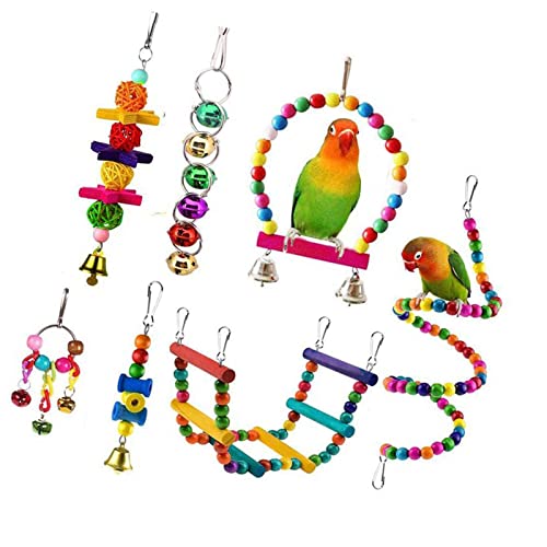 ＣＨＡＭＥＥＮ 7 Stück Vogel Spielzeug hölzerne Hängematte Kauspielzeug Haken und Kette Sittich Käfig Spielzeug Sieben Farben von ＣＨＡＭＥＥＮ