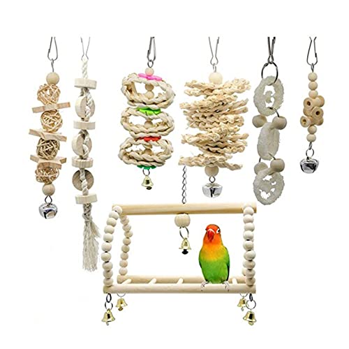 ＣＨＡＭＥＥＮ 7 Stück Vogelspielzeug Vogelschaukel Kauspielzeug Natürliches hölzernes hängendes Glockenspielzeug Vogelkäfig von ＣＨＡＭＥＥＮ