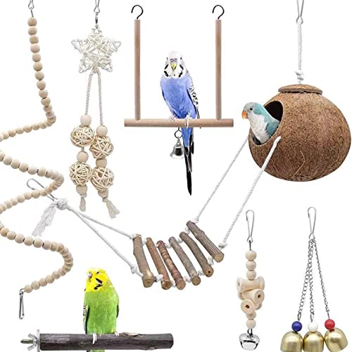 ＣＨＡＭＥＥＮ 7 Stück VogelspielzeugVogel Papagei SchaukelspielzeugKau SpielzeugNatürliche hölzerne HängematteKokosnussVogelzubehör von ＣＨＡＭＥＥＮ