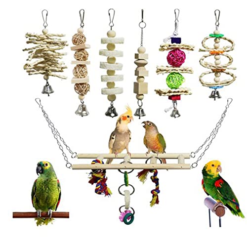 ＣＨＡＭＥＥＮ 7 teilig Vogel Papagei Käfig Spielzeug Vogel Spielzeug aus Holz hängende Glocke Vogelkäfig Zubehör Papagei Spielzeug von ＣＨＡＭＥＥＮ