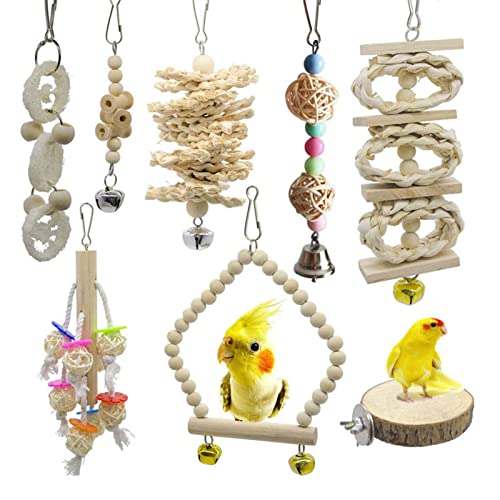 ＣＨＡＭＥＥＮ 8 Stück Papagei Kauspielzeug Set Vogel Spielzeug Vogel Zubehör Sitzgelegenheit aus Holz farbig von ＣＨＡＭＥＥＮ