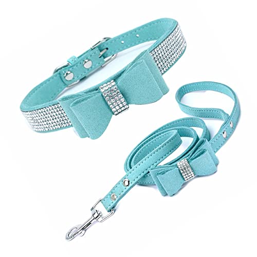ＣＨＡＭＥＥＮ Hundehalsband Leder Hund und Katze Strass Hundehalsband kleines Haustier Katze Ledergürtel Glitter hellblau von ＣＨＡＭＥＥＮ