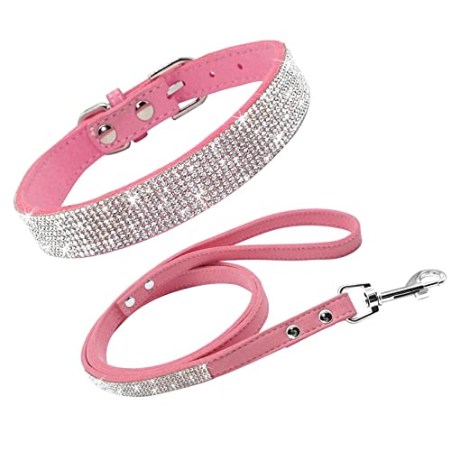 ＣＨＡＭＥＥＮ Hundehalsband Leder weiches Wildleder Hundehalsband irisierend glänzend Elegantes Strass Set rosa von ＣＨＡＭＥＥＮ