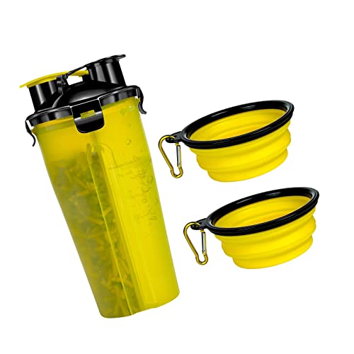 ＣＨＡＭＥＥＮ Hundewasserflasche für unterwegs Hundewasserflasche mit 2 Klappnäpfen Tragbare Frischwasserflasche Gelb von ＣＨＡＭＥＥＮ