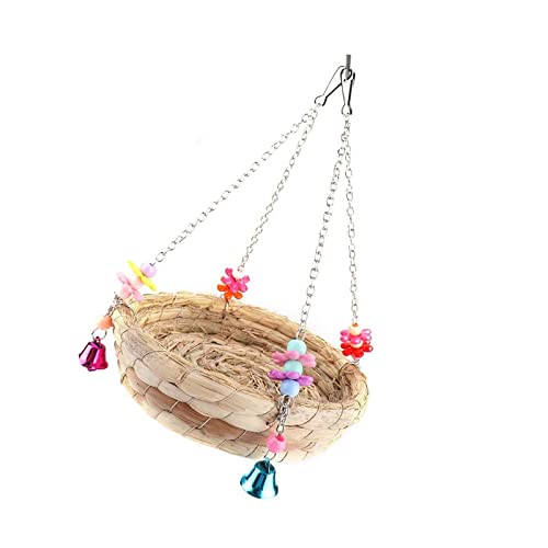 ＣＨＡＭＥＥＮ Natürliches handgewebtes Grasnest Vogelnest Schaukel Vogelspielzeug Metallglocke Vogel Papagei Spielzeug Schaukel von ＣＨＡＭＥＥＮ