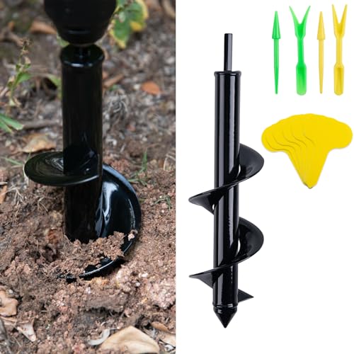 CHANGEMOORE 8X30cm Garten Erdbohrer zum 2 Set kleine Schaufeln and 100 Stück Etikettenkarten, Pflanzbohrer Erdbohrer für Bohrmaschine, Solider Kernschaft Gartenbohrer Erdbohrer für akkuschrauber von CHANGEMOORE