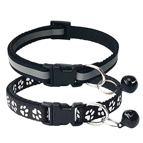 CHBORCHICEN 2er-Pack Fußabdruck & reflektierendes Katzenhalsband mit Glocke, Basic Hundehalsband und Katzenhalsband, Schnalle, Katzen-Hundehalsband oder Sicherheitsgurte (XS, schwarz) von CHBORCHICEN