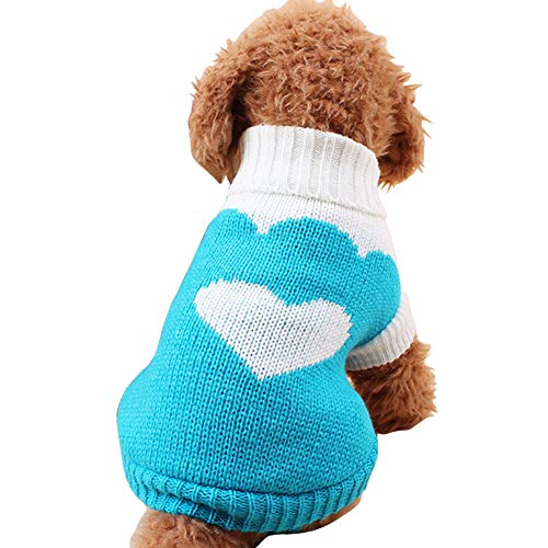 CHBORCHICEN Haustier-Pullover für Hunde, klassischer Strick, Rollkragen, warm, Erdbeere und Herz, himmelblau, Größe M von CHBORCHICEN