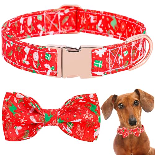 CHDLOOL Weihnachts-Hundehalsband mit Blume, rot kariertes Hundehalsband, weich, langlebig, verstellbar, Baumwolle, rot-grün, Schottenkaro, Welpenhalsband für kleine, mittelgroße und große Hunde von CHDLOOL