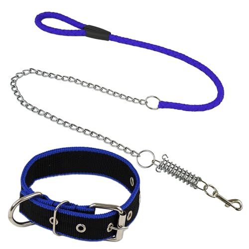 CHECKBO Halsband und Leine aus Nylon für Hunde, verstellbares Halsband und Leine mit Stoßdämpfer, ideal für Training und sichere Spaziergänge (Blau, L) von CHECKBO
