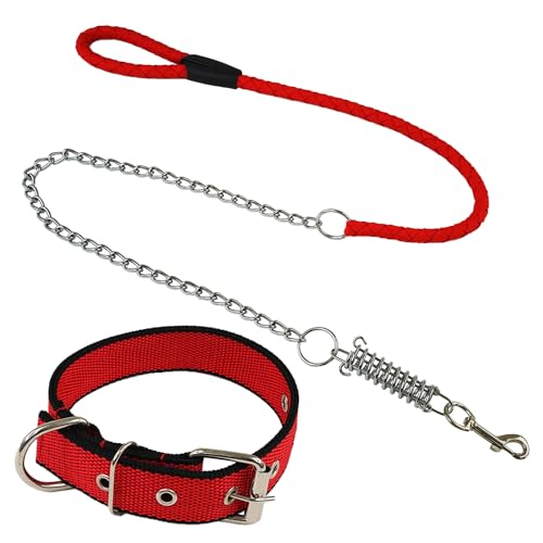 CHECKBO Halsband und Leine aus Nylon für Hunde, verstellbares Halsband und Leine mit Stoßdämpfer, ideal für Training und sichere Spaziergänge (Rot, L) von CHECKBO