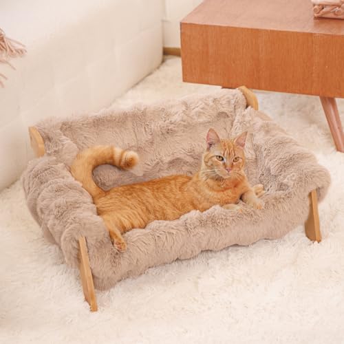 CHEERHOME PETS Erhöhtes Katzen-Couchbett für Hauskatzen, Katzensofa aus Holz mit abnehmbarem, waschbarem, flauschigem Bezug, erhöhter Kätzchen-Loungestuhl, geeignet für Welpen (Katzensofa, Khaki) von CHEERHOME PETS