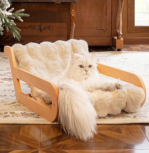 CHEERHOME PETS Erhöhtes Katzen-Couchbett für Indoor-Katzen, flauschiger Katzen-Lounge-Sessel mit Kissen, erhöhtes Katzensofa, Liegestuhl, geeignet für Hunde, Katzenmöbel aus Holz (Khaki) von CHEERHOME PETS