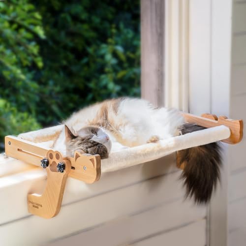 CHEERHOME PETS Katzen-Fensterstange für große Katzen, Bett, Fenster, Hängematte mit Kissen, Katzenregal, verstellbarer Katzensitz für Nachttisch, Fensterbank und Schrank, narturales Katzenmöbel aus von CHEERHOME PETS