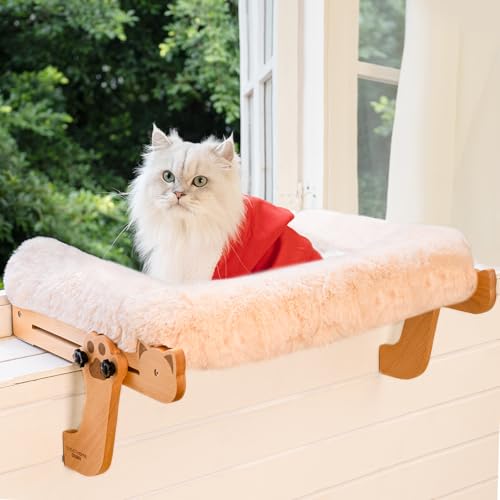 CHEERHOME PETS Katzen-Fensterstange mit Nackenrolle, Katzenfensterbett für große Katzen, Hängematte für Fenster, verstellbarer Holz-Katzensitz für Nachttisch, Fensterbank (gebrochenes Weiß) von CHEERHOME PETS