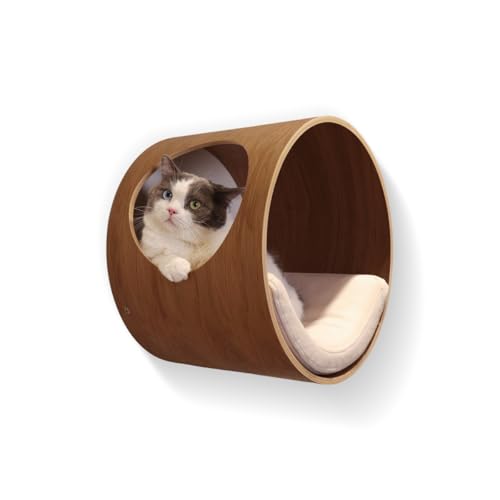 CHEERHOME PETS Rundes Katzen-Wandbett, Katzenregale für große Katzen, Wandmontage, Katzen-Sitzstange mit Kissen, Holz, 40,9 x 30 x 40,9 cm, Unterstützung bis 18 kg (linke Öffnung, Walnuss) von CHEERHOME PETS